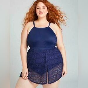 CACIQUE |‎ Navy Lightly Lined No Wire Swim Dress Lace Skirt Faux Crossover | 22